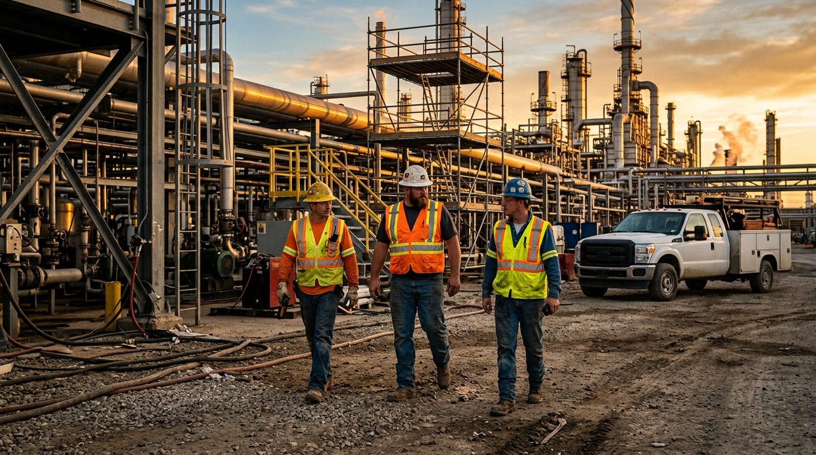Contractor crew and truck at an industrial refinery site